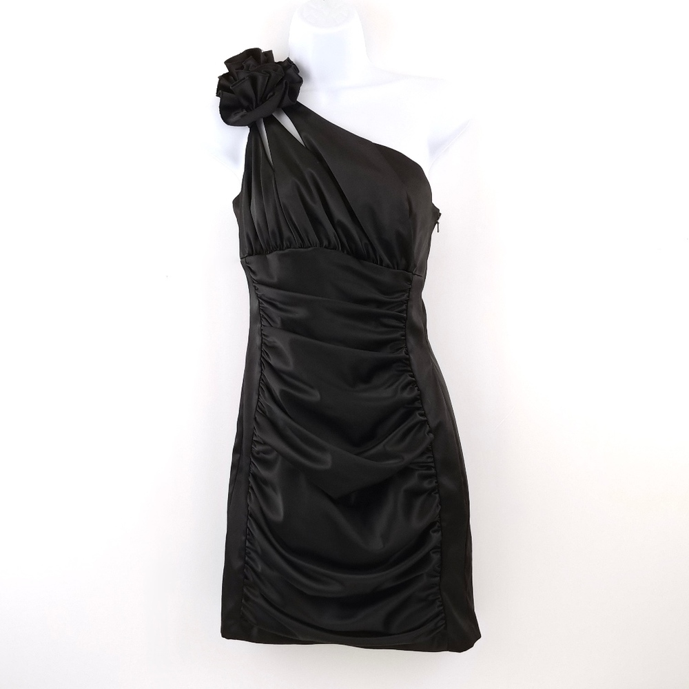 90's Black Satin Ruched Cocktail Prom Dress Mini